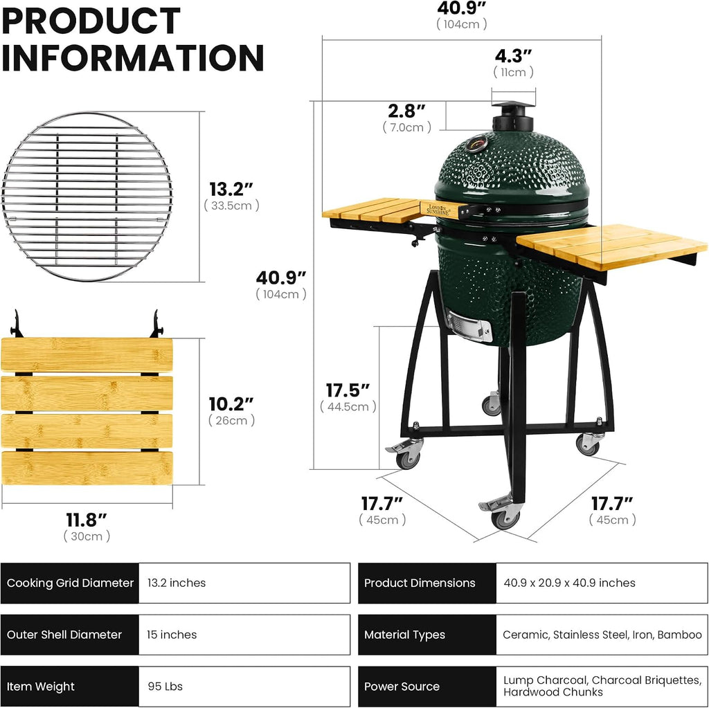 London Sunshine 15-inch Ceramic Kamado Charcoal BBQ Grill & Smoker with Locking Casters, Foldable Side Shelves, Stainless Steel Grates, and Tall Stand (Green)