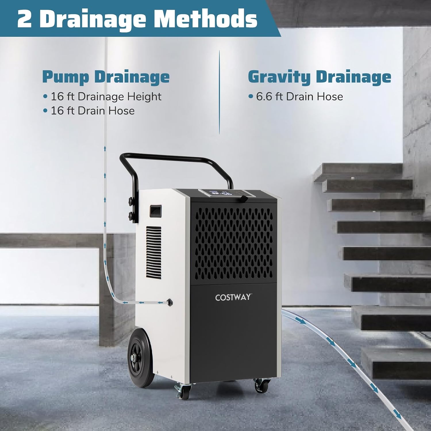 COSTWAY 154 Pints Commercial Dehumidifier with Pump, Portable Industrial Heavy Duty Large Dehumidifier with Drain Hoses for Basements, Job Sites (White)