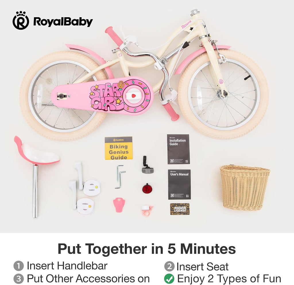 RoyalBaby Girls Bike, Stargirl EZ Kids Bike Balance and Pedal Bicycle with Basket and Dual Handbrake, 12 14 16 18 Inch Toddlers to Big Kids 3-8 Years, Multiple Colors