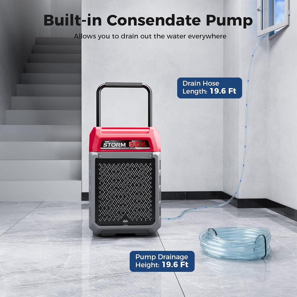 ALORAIR 170 PPD Commercial Dehumidifier with Pump & Drain Hose, LGR Industrial Use, Portable Dehumidifier with Wheels for Water Damage Restore, Carpet Drying, Storm 80X (Red)