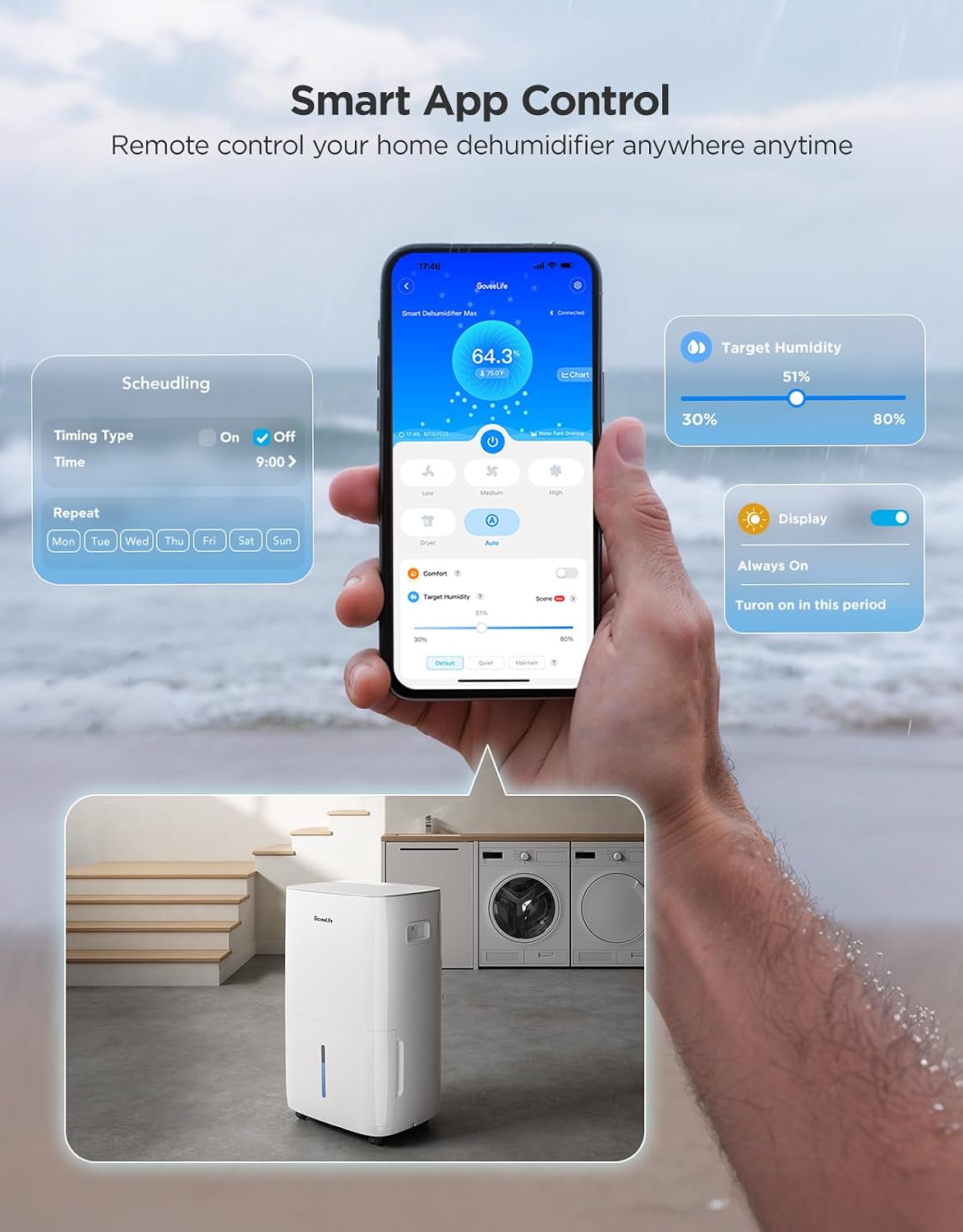 GoveeLife Dehumidifier for Home 4,500 Sq.Ft, 50 to 137 Pint Smart Auto Humidity Control, Drain Hose, 2.0Gal Bucket, Compressor Dehumidifiers for Basement with Auto Shut Off, Bathroom, Garage, w/WiFi