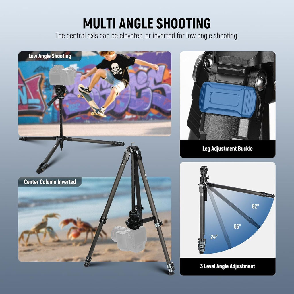 NEEWER 60.4' Travel Tripod Carbon Fiber with Detachable Damped Fluid Head, Lightweight Video Camera Stand with Metal Quick Flip Buckle, Arca Type QR Plate Compatible with PD, LT37