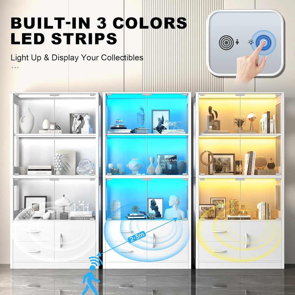 Display Cabinet with Glass Doors, 4-Tier Display Case with 3-Color Lights & Human Body Sensor, Storage Cabinets with 3 Shelves & 2 Drawers for Collectibles/Living/Dining/Game Room, White