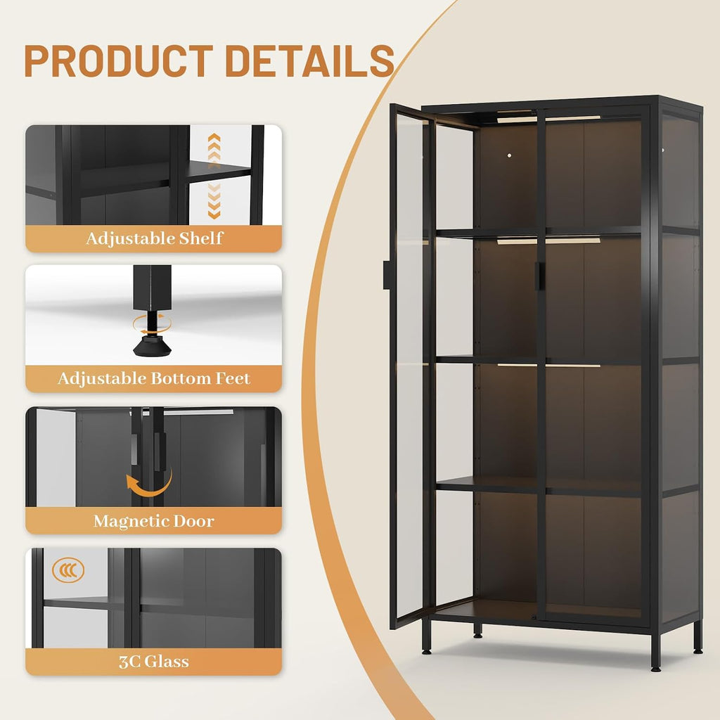 Eltean 63' H Display Cabinet with Glass Doors,4 Tiers Curio Display Case with 3 Colors LED Sensor Light,Glass Display Cabinets for Collectible with 3 Adjustable Shelves for Living Room,Bedroom,Office