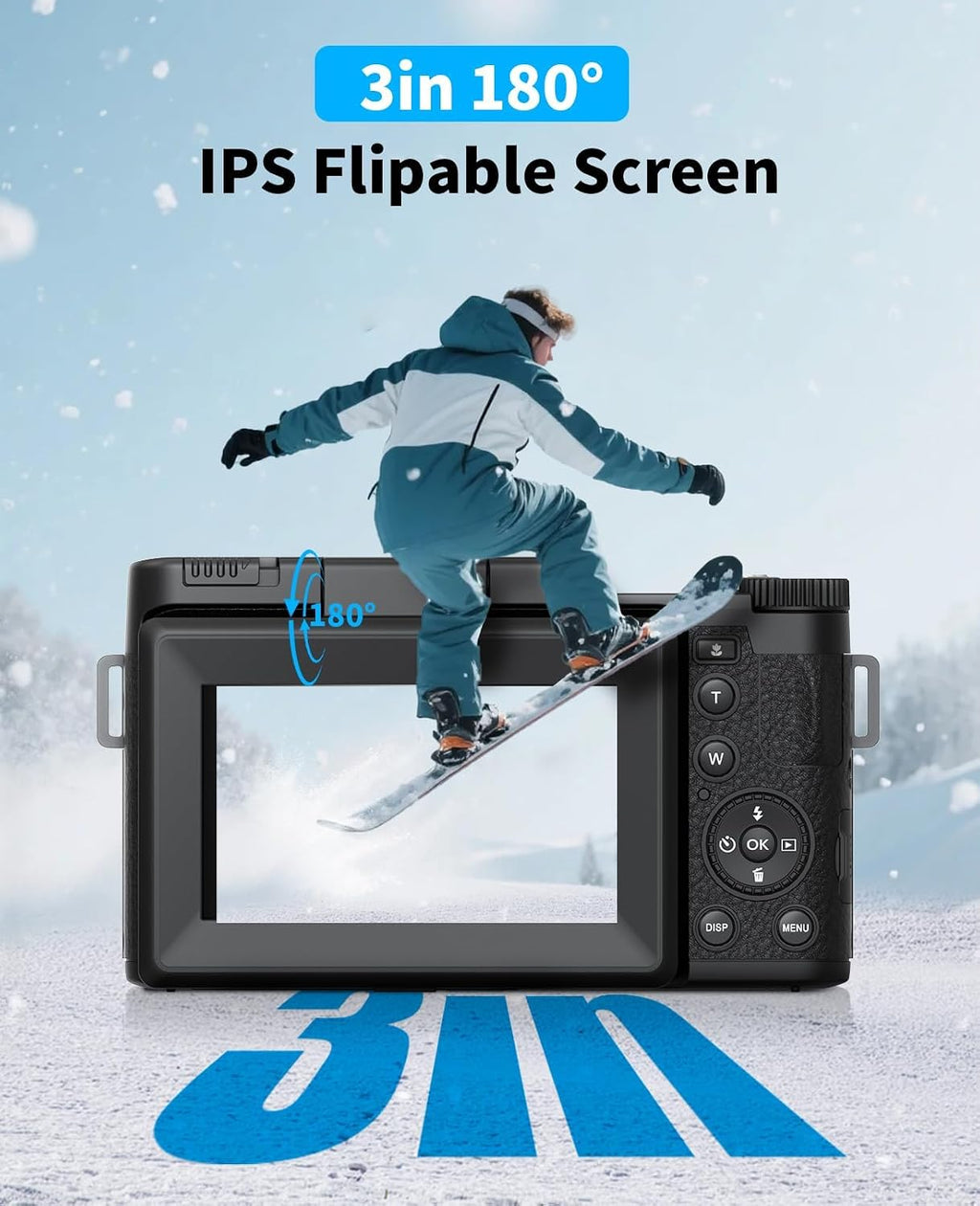 FLATIC 6K Digital Camera, 75MP Cameras for Photography with 8X Optical Zoom & Tripod, Anti-Shake Vlogging Camera with 3' 180° Flip Screen, 64GB Card, Card Reader, Vlog Travel Cameras for Teens