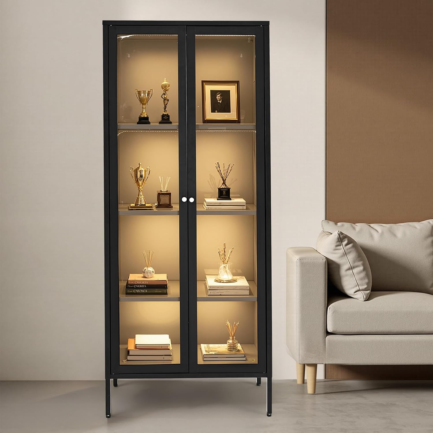 VEVOR Display Cabinet with Glass Door, 66 in Tall 4-Tier Lighted Display Case with 3 Color Lights, Metal Storage Cabinet with 3 Adjustable Shelves, Curio Cabinet for Collectibles Figures Trophy