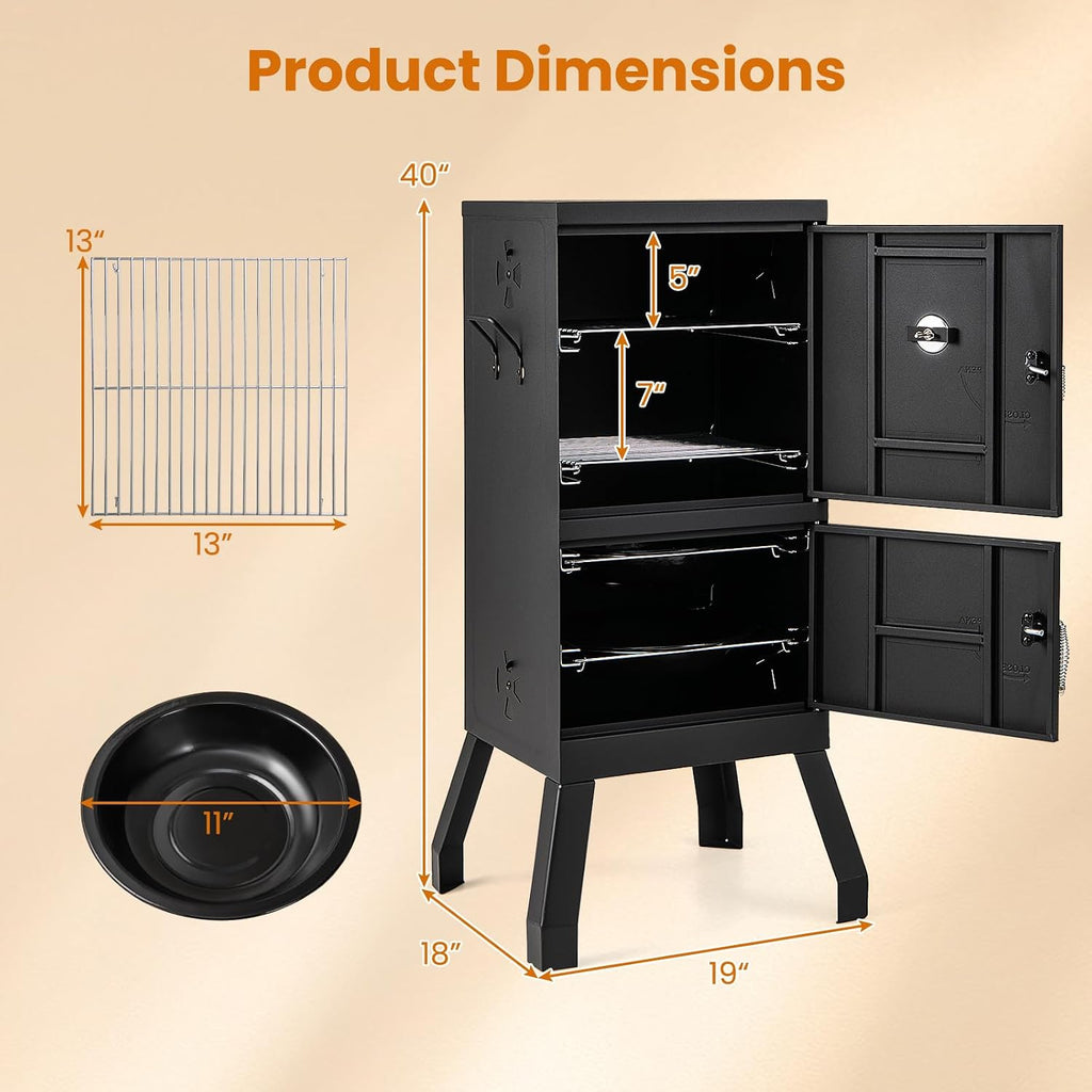 Giantex Outdoor Smoker with Double Doors, 2 Detachable Grill Netting Smoking Racks, Charcoal Pan & Water Pan, 4 Air Vents, Thermometer, Vertical Charcoal Smoker for Barbecue Camping Backyard Grill