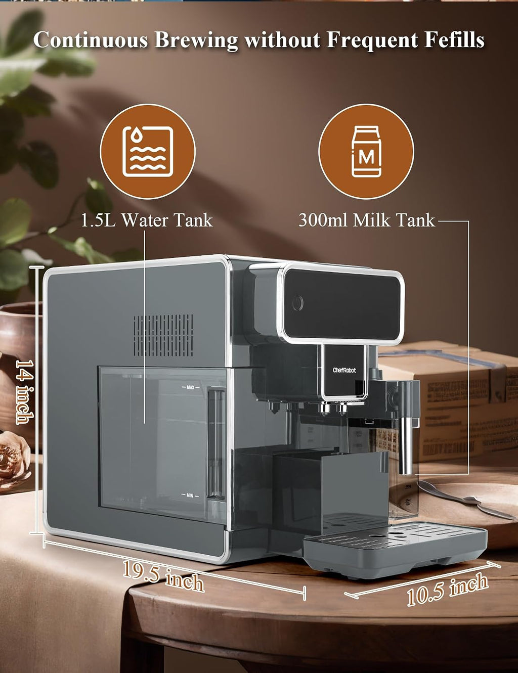 Chef Robot Automatic Espresso Machine Coffee Maker 12 Cup with Grinder Cappuccino Latte Americano Machine with Milk Frother for Home/Office (Gray)