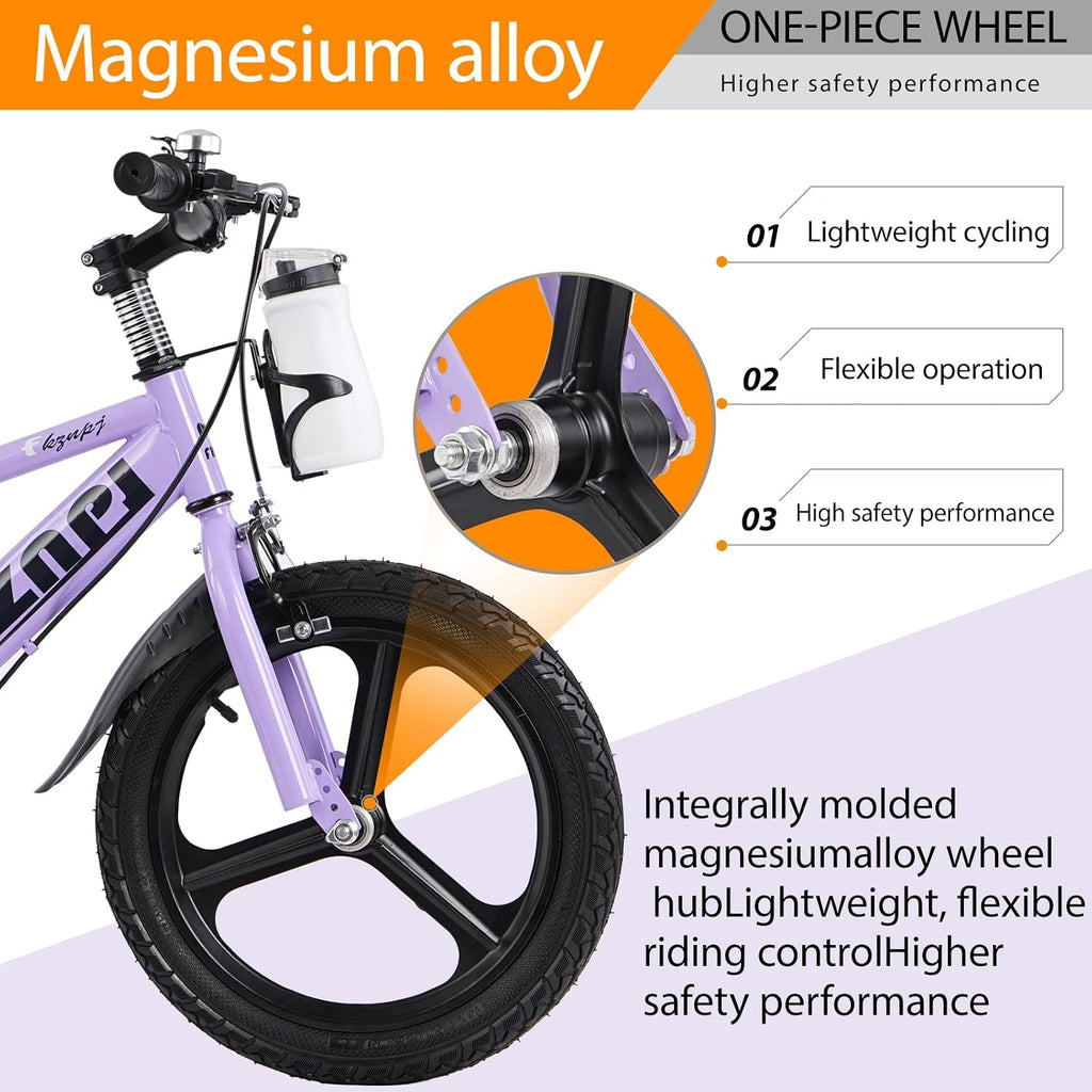 Kids Bike 16/18 Inch – High Carbon Steel Frame, Magnesium Alloy Wheels, Training Wheels with Night Glow, Adjustable Seat, Water Bottle – Girls & Boys Bicycle Ages 3-8