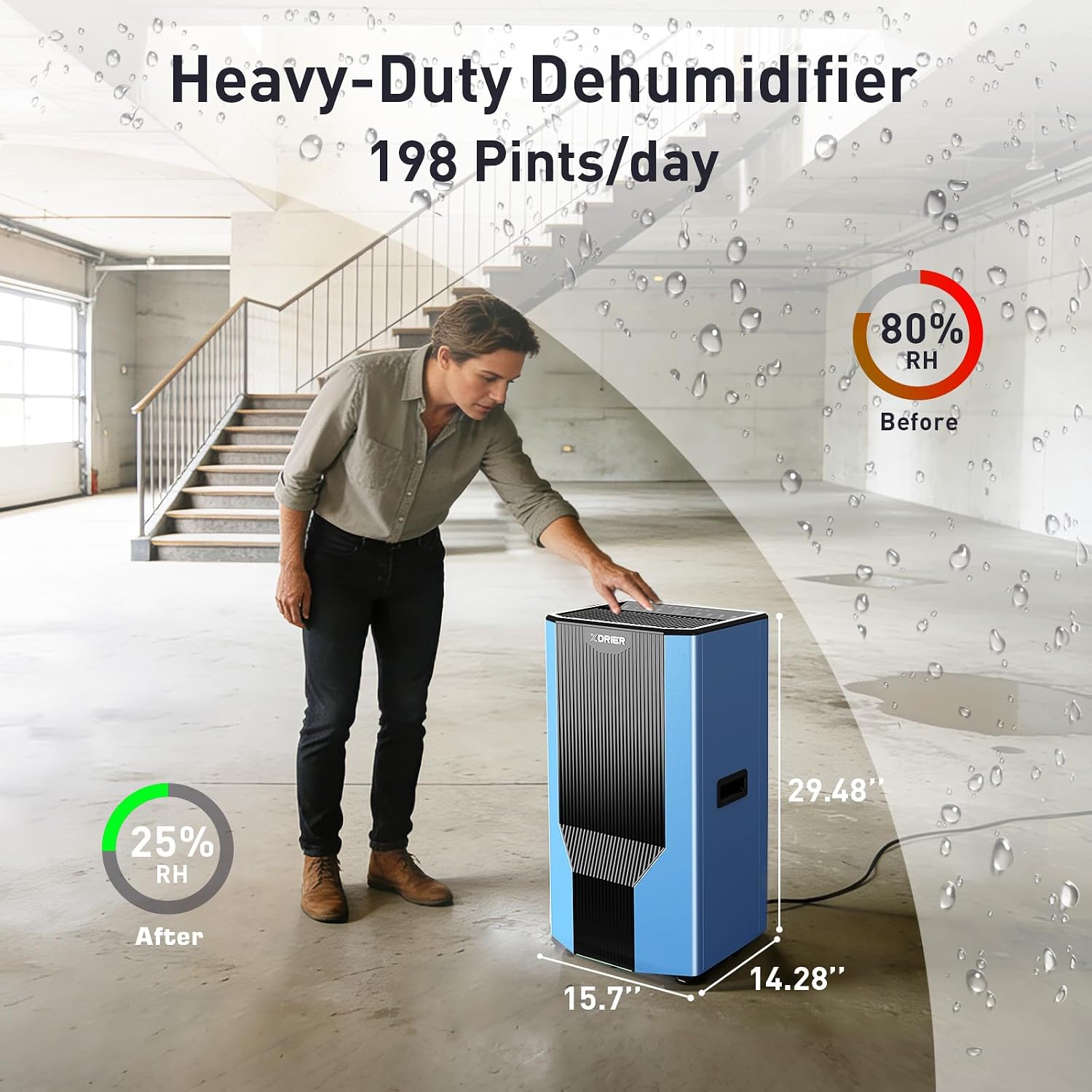 198 PPD Commercial Dehumidifier with Pump & Drain Hose, LGR Technology, Auto Defrost, for Basements, Large Rooms, Warehouses & Storage Areas, 5-Year Coverage