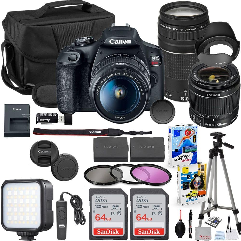 Canon EOS Rebel T7 DSLR Camera with 18-55mm & 75-300mm Lens Bundle with Extra Canon Battery + 2X 64GB Memory Cards + Accessory Kit Including Bag, LED Light, Microphone, Software & More