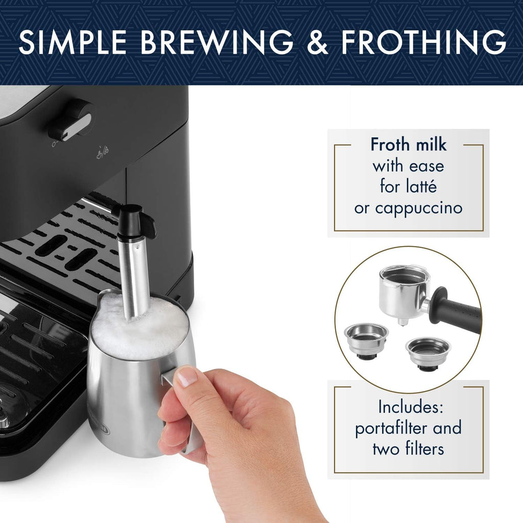 De'Longhi Stilosa Manual Espresso Machine, Compact Coffee Maker, 15 Bar Pump Pressure, Manual Milk Frother Steam Wand for Authentic Single & Double Espresso, Lattes & Cappuccinos, Tamper Included