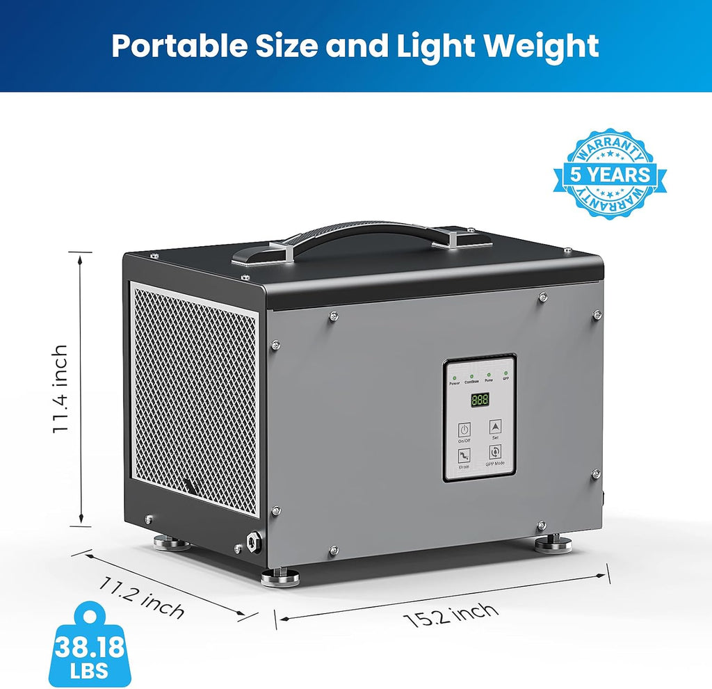 BaseAire Crawlspace Dehumidifier with Pump, Intelligent Dehumidifiers for Commercial, Basement, 70 pints, Compact, Auto Defrost, Memory Starting, Up to 1000 Sq Ft