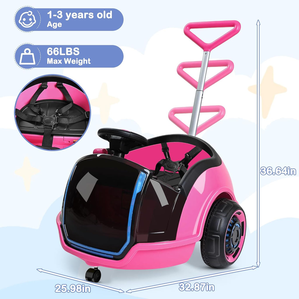ANPABO 3-in-1 Electric Push Ride On Car, 12V Kids Ride On Toy w/Remote Control, 360° Spin, LED Display, 5-Point Safety Belt, Colorful LED Light, Music Player, Push Car for Toddler Ages 1-3 (Pink)