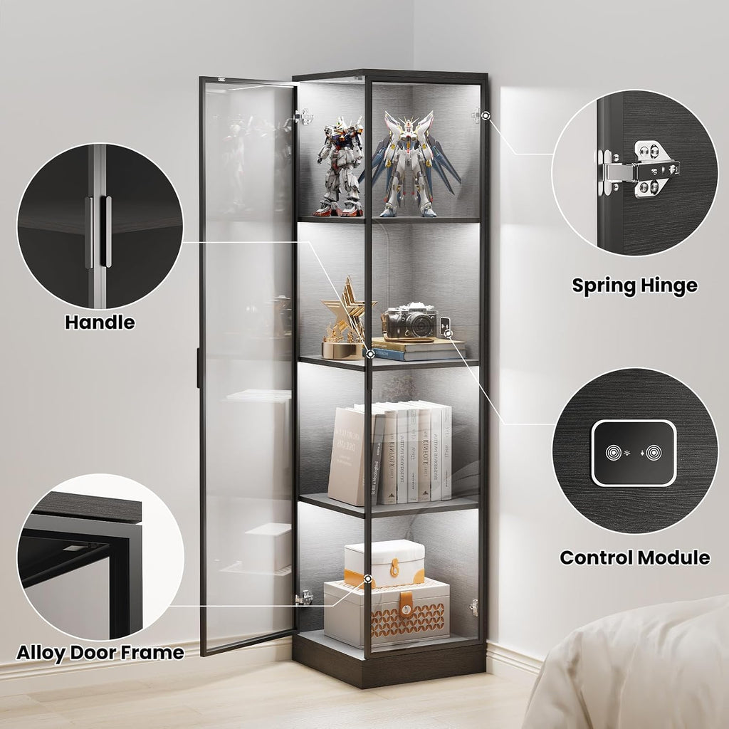 BROTTAR Corner Display Cabinet with Doors, 4-Tier Curio Cabinet for Collectibles, Display Case with 3 Color Light, Storage Cabinets with Door, Bookcase with Human Body Sensor, Black (15.7' W)