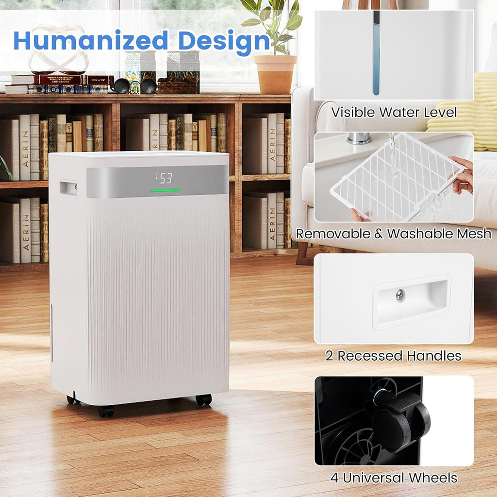 COSTWAY 54 Pints Dehumidifier for Basement, 4500 Sq.Ft Dehumidifier with 3 Modes, LED Display, 3-Color Indicator Light, 24H Timer, Child Lock, Drain Hose & Auto Defrost for Bathroom Bedroom