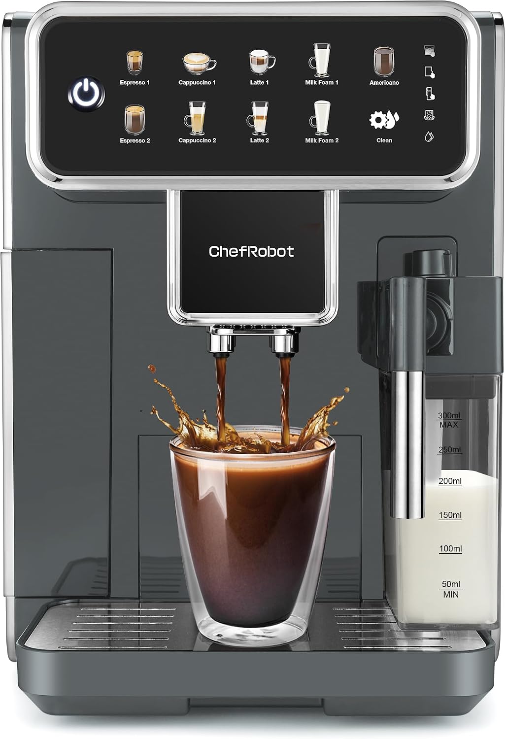 Chef Robot Automatic Espresso Machine Coffee Maker 12 Cup with Grinder Cappuccino Latte Americano Machine with Milk Frother for Home/Office (Gray)