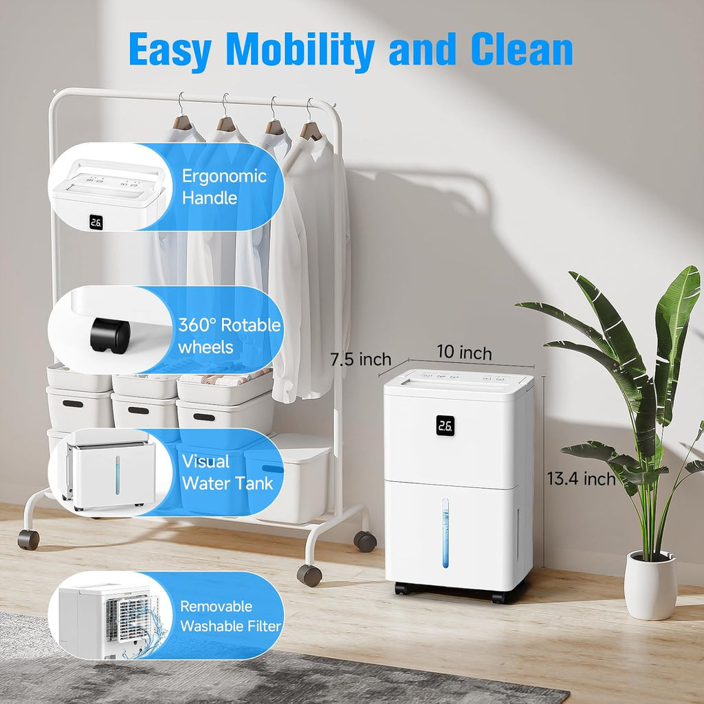 25 Pint Dehumidifier for Basement, Up to 3000 Sq.Ft, Quiet Dehumidifier with Drain Hose, Humidity Control, 24H Timer, Ideal for Bedroom, Bathroom, Room