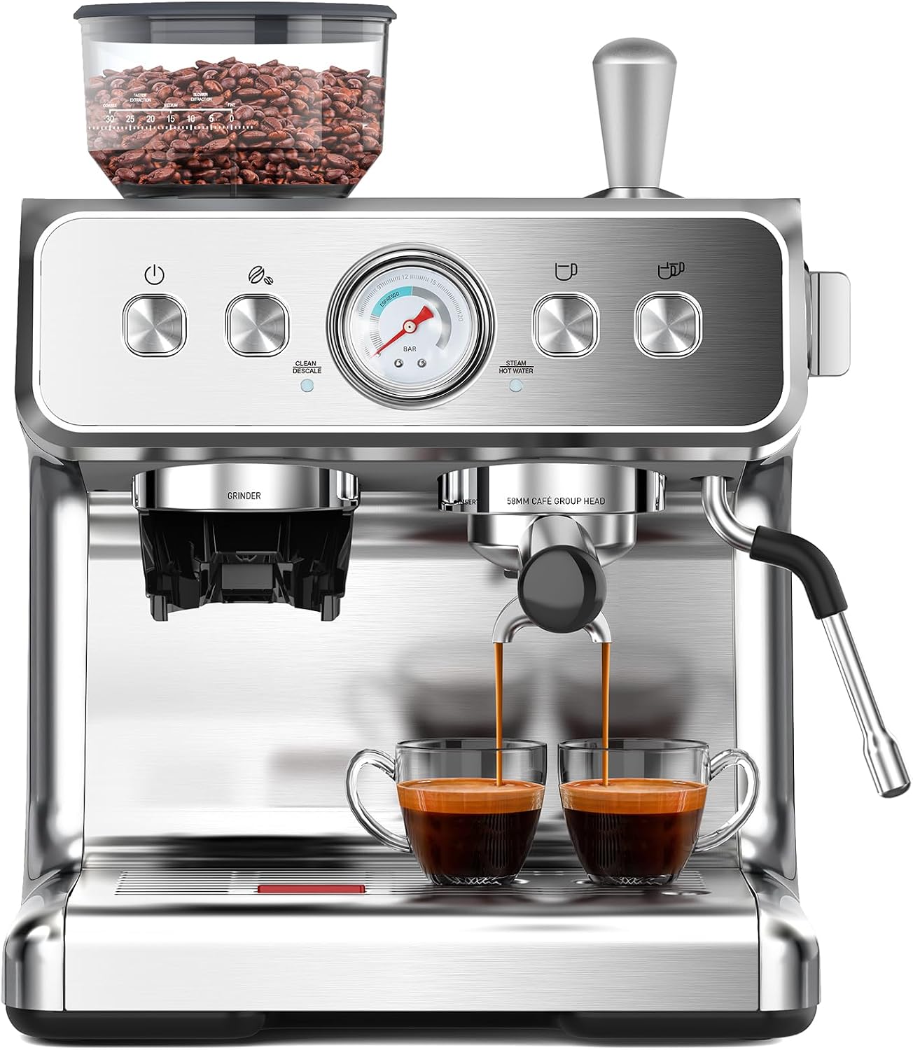 Electactic Espresso Machine with Built-in Grinder, Professional 20 Bar Cappuccino & Latte Machines with Milk Frother, 3-in-1 Stainless Steel Espresso Coffee Maker for Home, Office or Cafe
