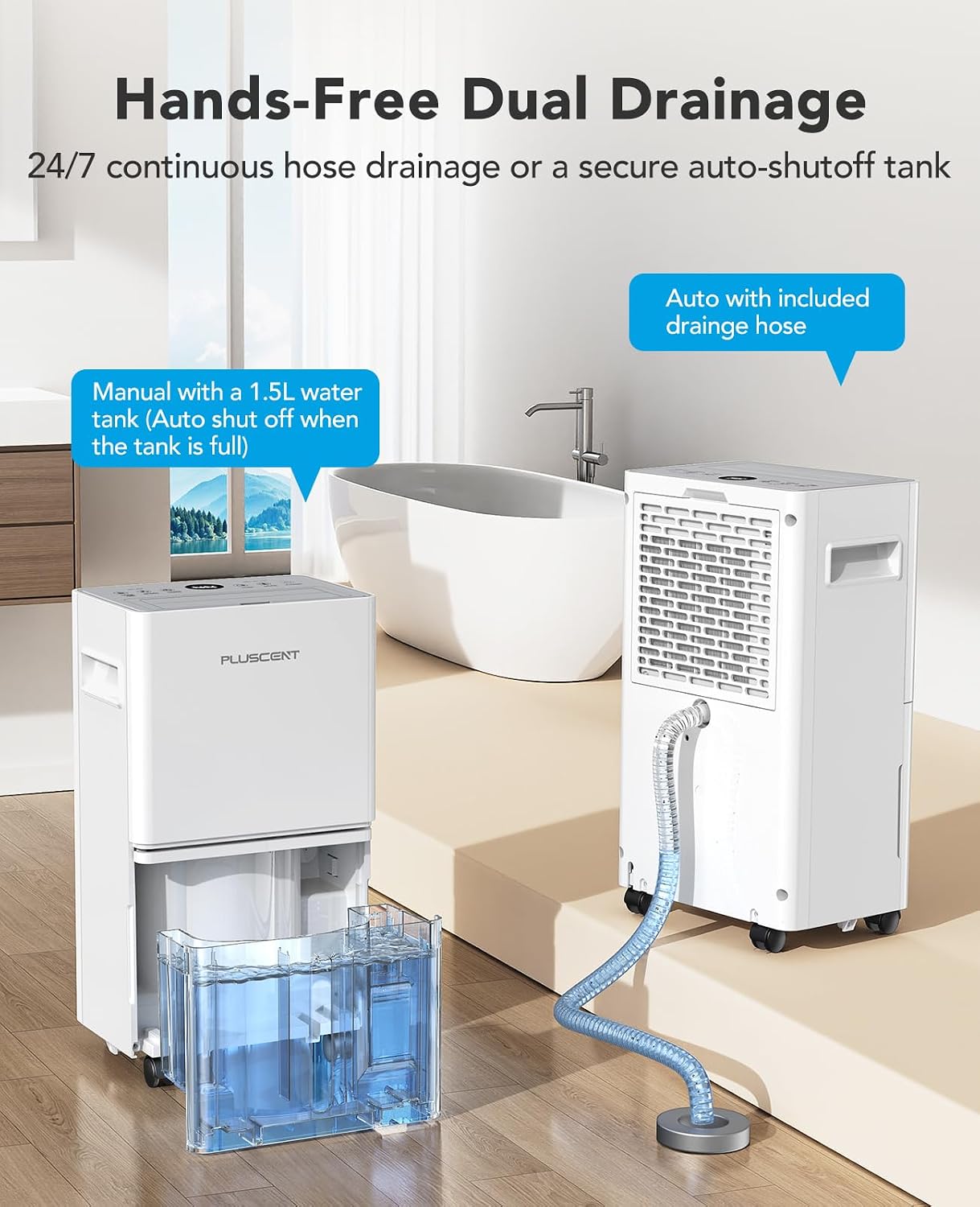PLUSCENT 21 Pint Dehumidifier for Basement and Home, 1500 Sq Ft Portable Dehumidifier with Drain Hose, Quiet Smart Humidity Control for RV, Bedroom & Bathroom, Auto Defrost, 24H Timer