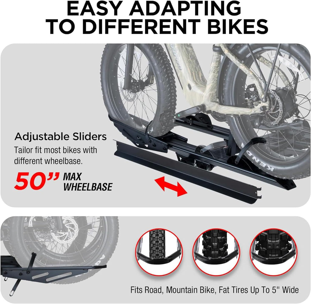 RokRack T One Foldable 3-Ebike Rack with Ramp, 250 lbs Capacity, Hitch Mount Electric Bike Rack, Fits up to 5' Fat Tire Width and 50' Wheelbase, Ebike Carrier Rack for 2' Receiver for Cars SUVs Vans
