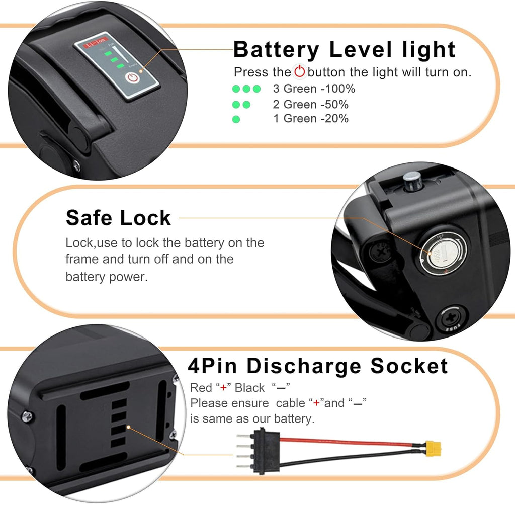 48V E-Bike Battery, Silver Fish Lithium Batteries 30A BMS, Safe Lock, Led Indicator Light for Controller 0W-1000W Motors (48V 10.6AH 0-1000W)
