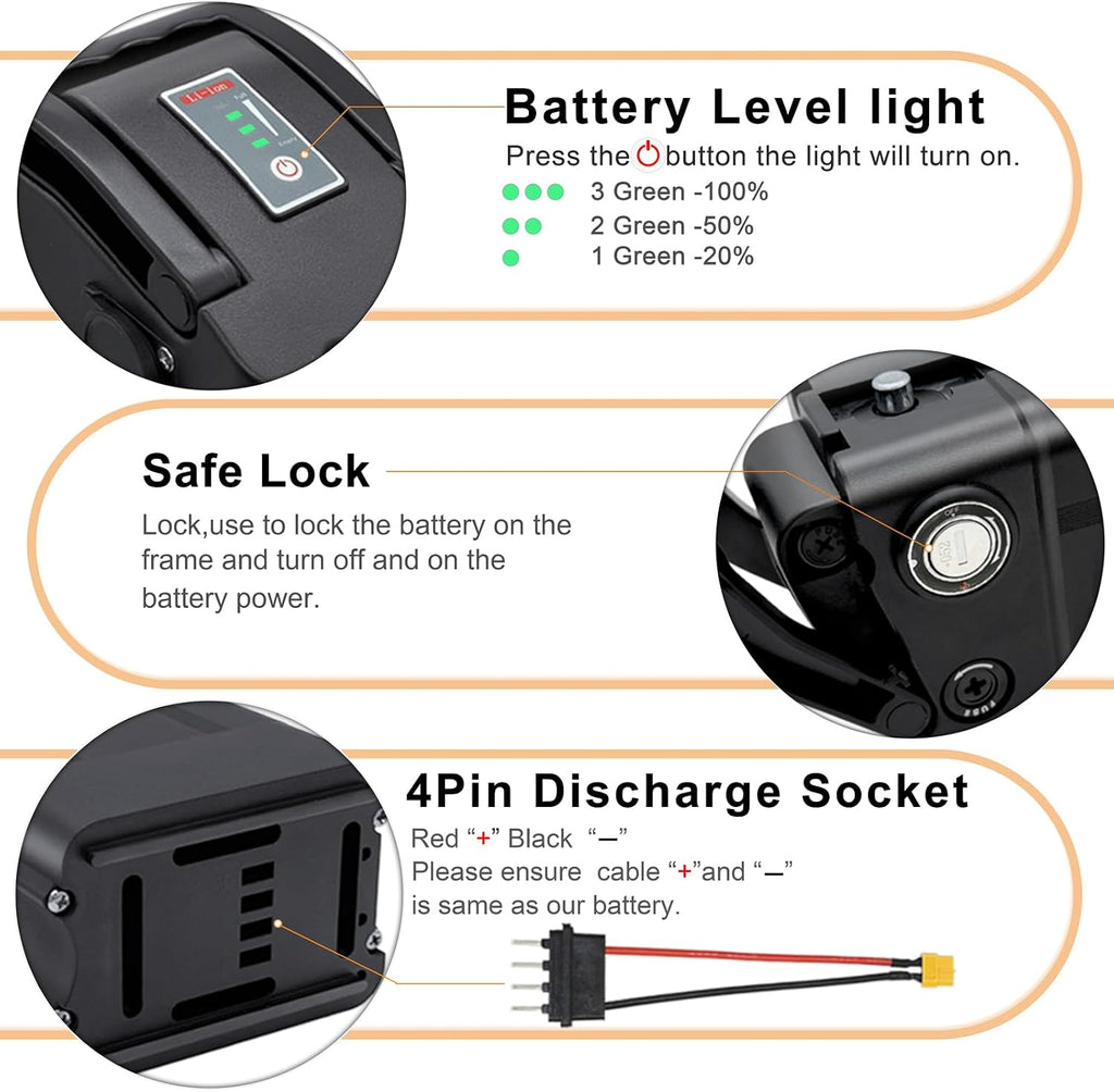 48V E-Bike Battery, Silver Fish Lithium Batteries 40A BMS, Safe Lock, Led Indicator Light for Controller 0W-1500W Motors (48V 20AH 0-1500W)