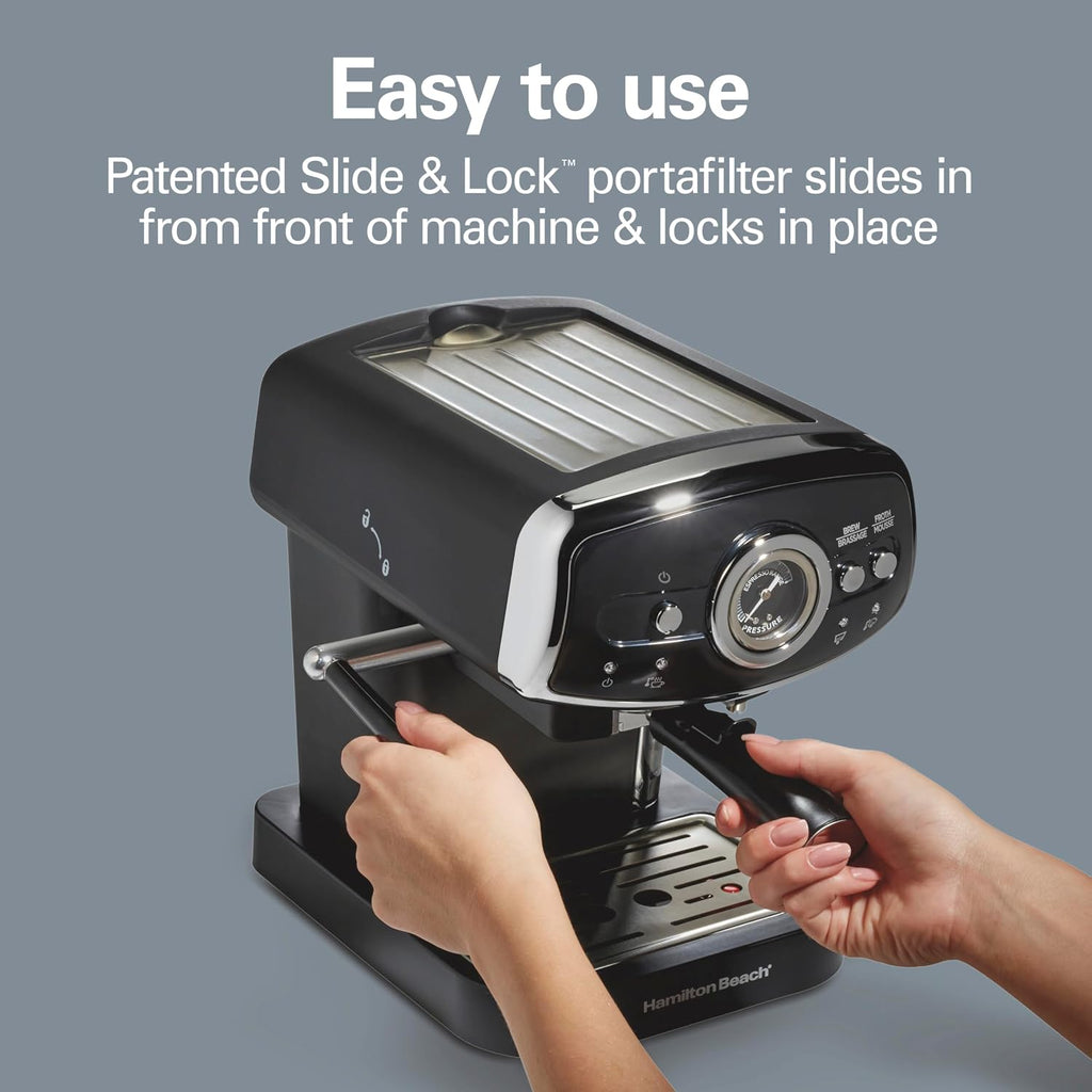 Hamilton Beach Slide & Lock Espresso Machine With Milk Frother Steam Wand For Cappuccino & Latte, 15 Bar Pump and Two Spouts, Removable Reservoir, Compact, Retro Design, Black (40730)