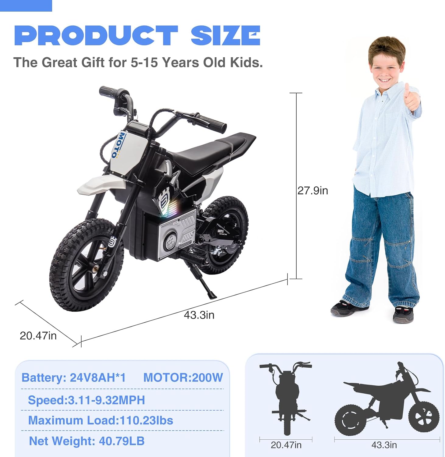 WEEROCK 24V Kids Electric Motorcycle 5+ Years Old, Child Ride On Electric Dirt Bike, Rear Shock Absorber, LED Breath Lamp, Bluetooth for Boys Girls Children Electria Toy Gift, Black