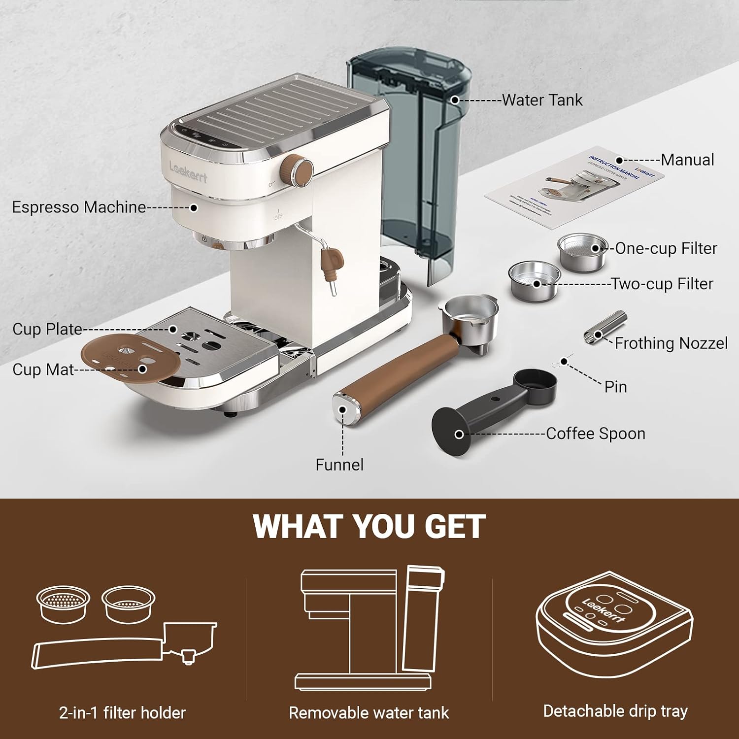 Espresso Machine, Expresso Coffee Machines for Home, 20 Bar Cafetera Espresso with Milk Frother Steam Wand, Compact Small Coffee Maker for Latte and Cappuccino (Pear White, Stainless Steel, Gift)