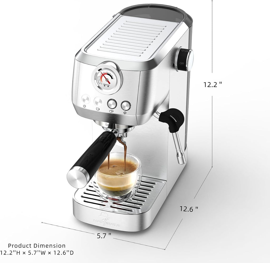 MAttinata CM1663 Espresso Machine, 20 Bar Compact Coffee Maker with Milk Frother Steam Wand for Cappuccino, Latte, Professional Pressure Gauge & 49oz Removable Water Tank for Home，Stainless Steel