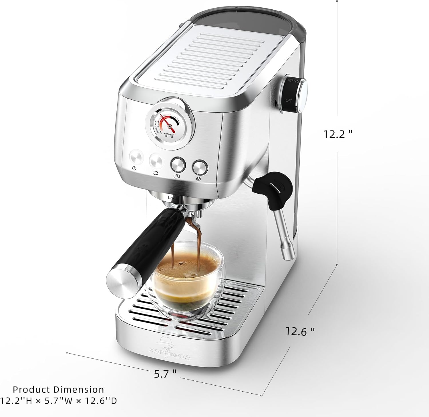 MAttinata CM1663 Espresso Machine, 20 Bar Compact Coffee Maker with Milk Frother Steam Wand for Cappuccino, Latte, Professional Pressure Gauge & 49oz Removable Water Tank for Home，Stainless Steel