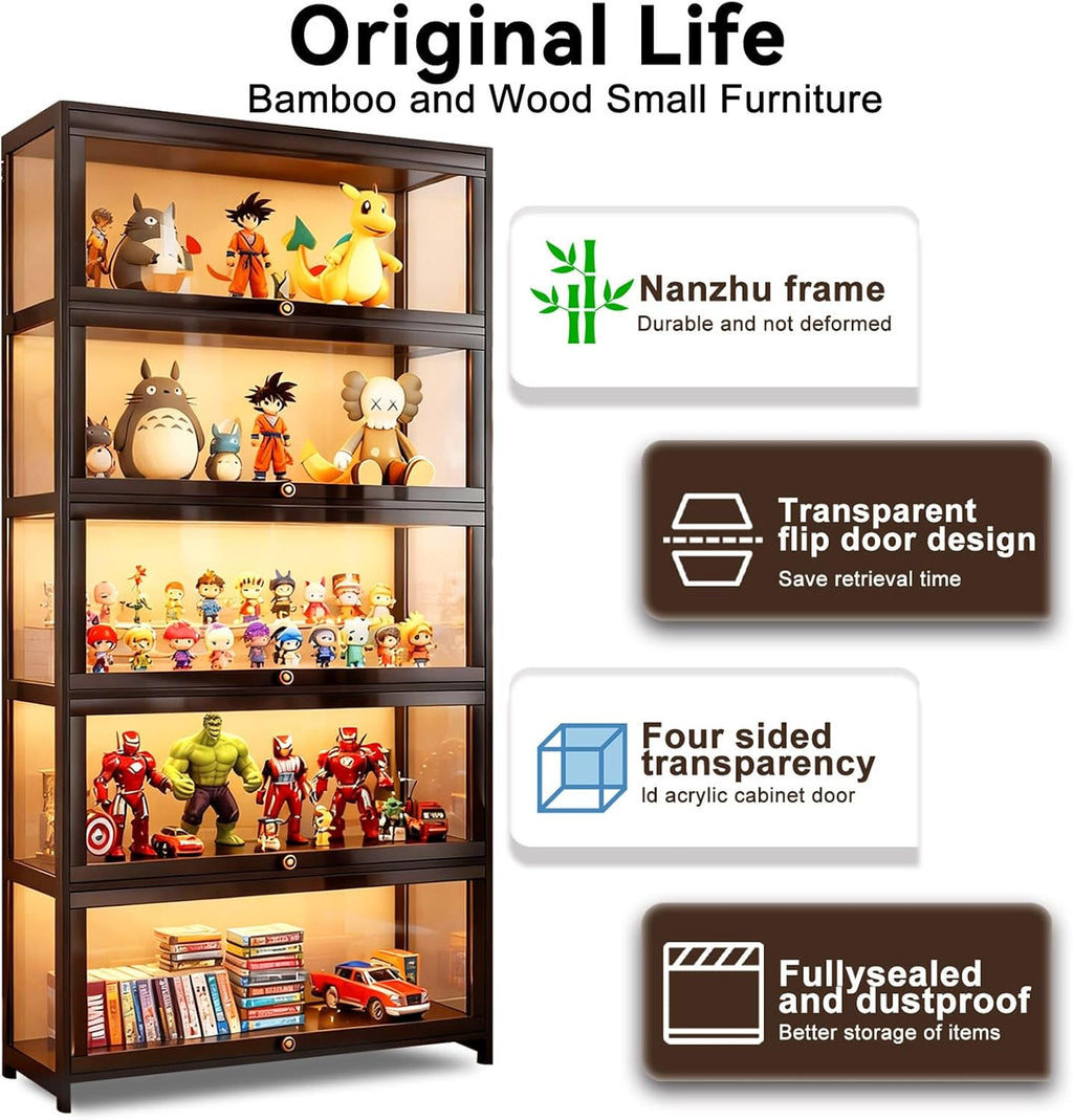 Display Cabinet with Acrylic Glass Doors 5-Tier Curio Cabinet - Collectibles Toy Organizers Rack & Display Shelf - Bookcase for Home Office Playroom Living Room Books Toys (Black)