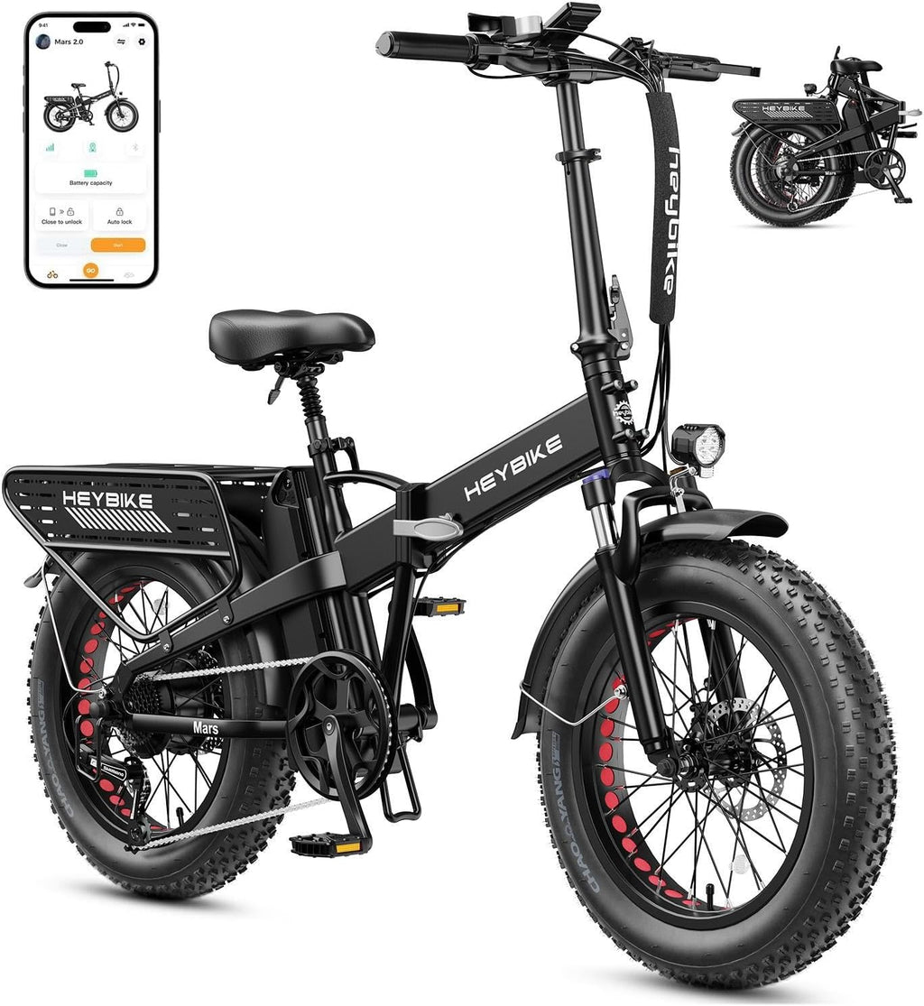Heybike Mars 2.0/3.0 Foldable Electric Bike, UL2849 Certified, 70+Miles Long Range, 1400W/1800W Peak Motor 32MPH, 624WH Removable Battery, 20'*4 Fat Tire Ebike for Snow, Commute, Full Suspension