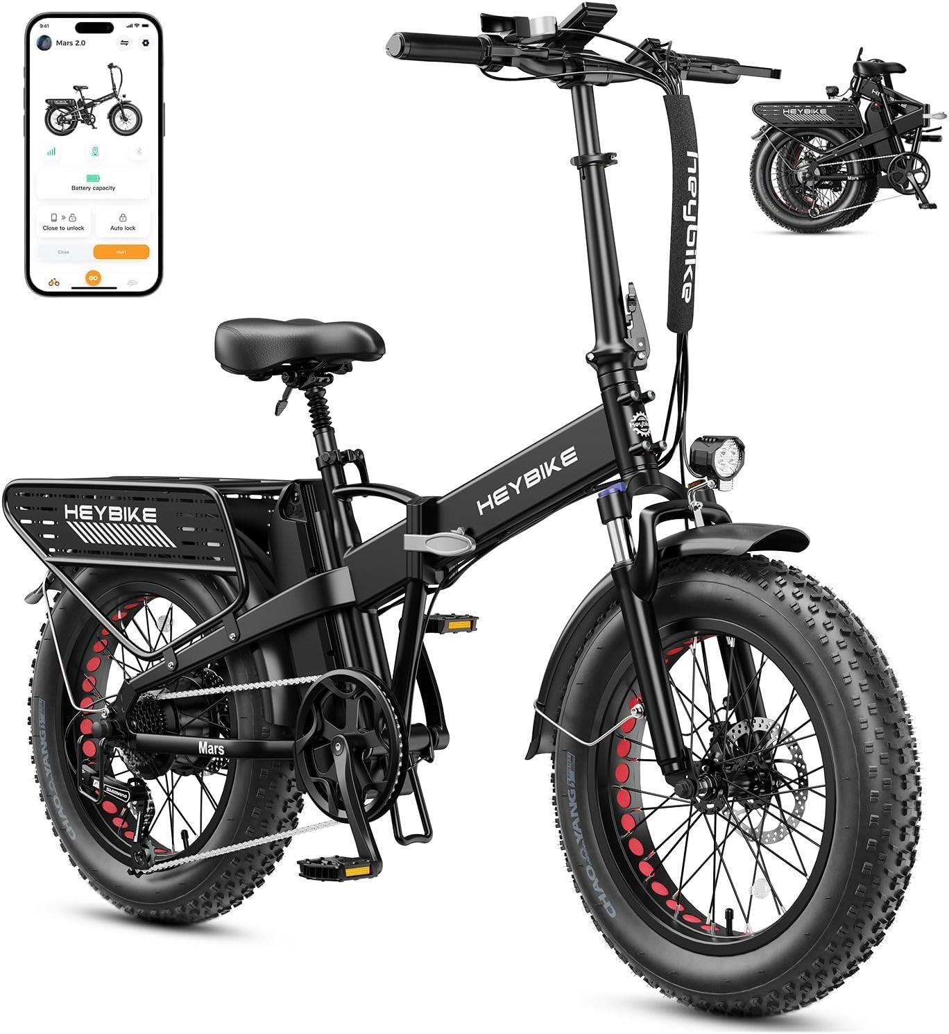 Heybike Mars 2.0/3.0 Foldable Electric Bike, UL2849 Certified, 70+Miles Long Range, 1400W/1800W Peak Motor 32MPH, 624WH Removable Battery, 20'*4 Fat Tire Ebike for Snow, Commute, Full Suspension