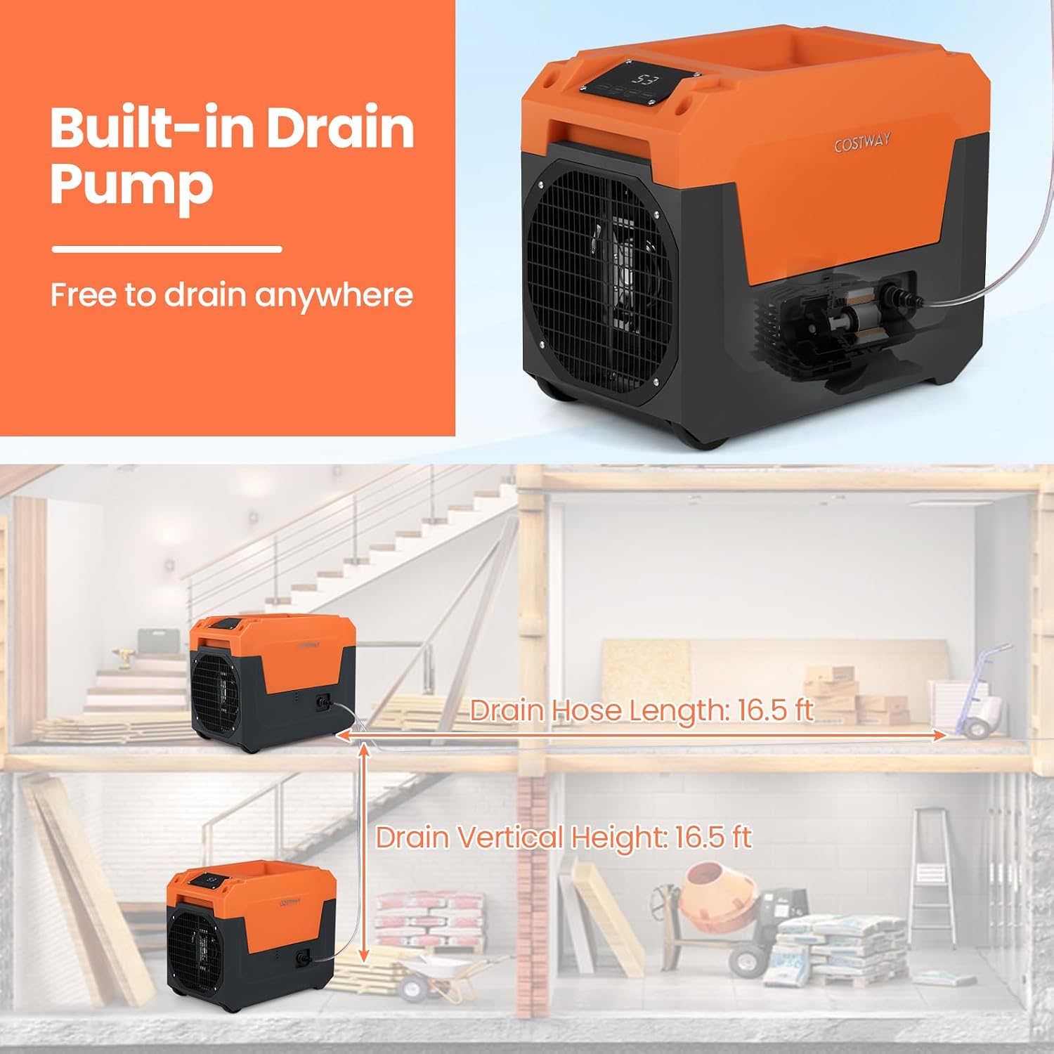 COSTWAY 140 Pints Commercial Dehumidifier with Pump, Portable Industrial Dehumidifier with Drain Hose for Basements, Job Sites, Water Damage Restoration (Orange)