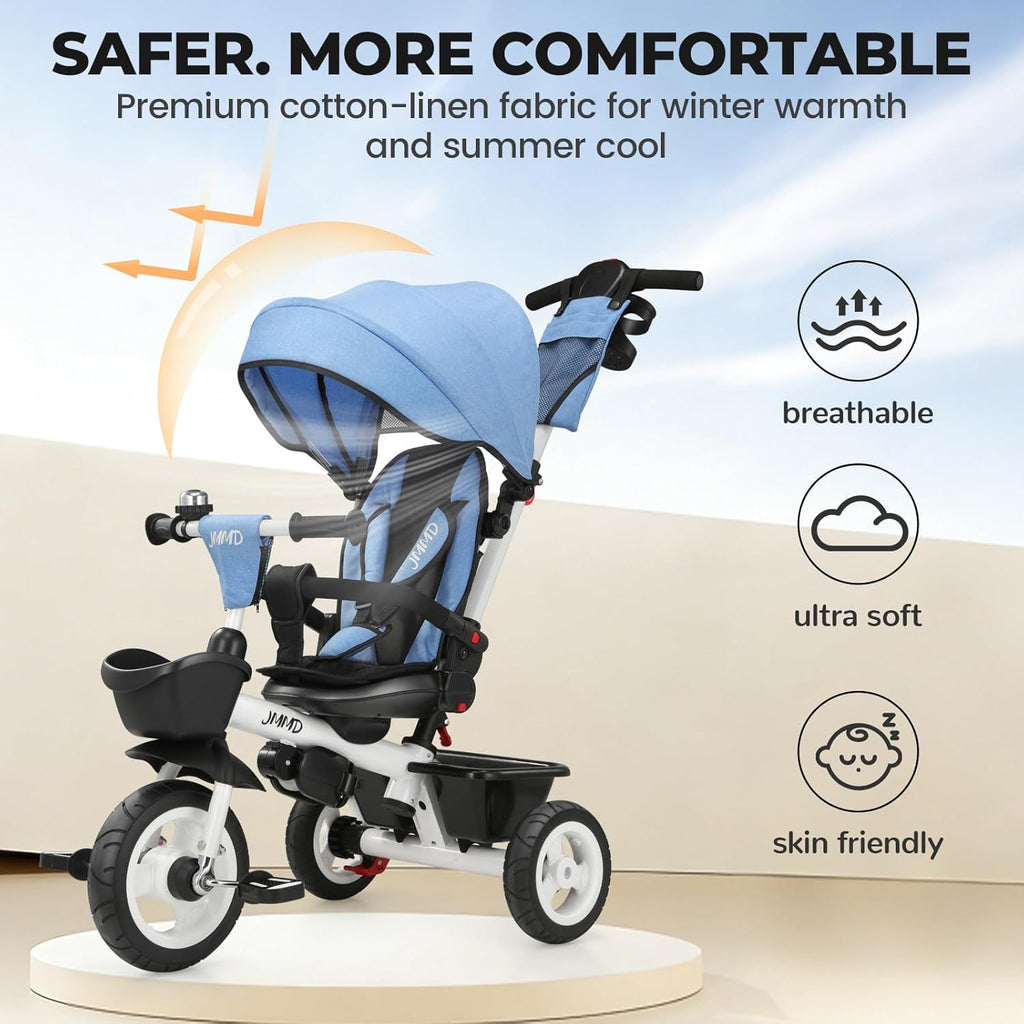 EOOWOY Toddler Tricycle with Push Handle, 7 in 1 Stroller Trike with 360° Swivel Seat, Reclining Backrest, All-Terrain Wheels, Dual Brakes, Canopy & Storage, Gift for Kids 18 Months to 5 Years, Blue