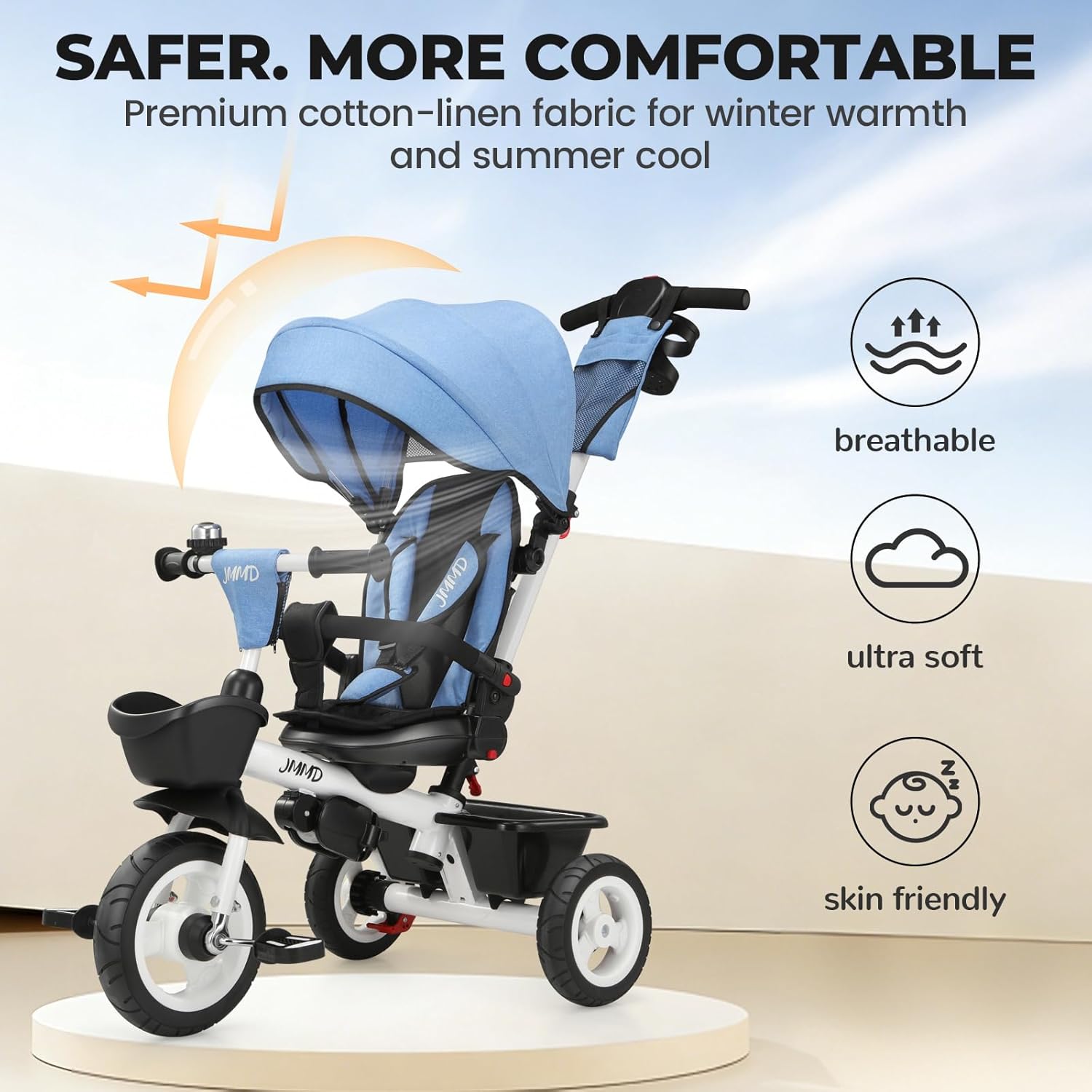 EOOWOY Toddler Tricycle with Push Handle, 7 in 1 Stroller Trike with 360° Swivel Seat, Reclining Backrest, All-Terrain Wheels, Dual Brakes, Canopy & Storage, Gift for Kids 18 Months to 5 Years, Blue