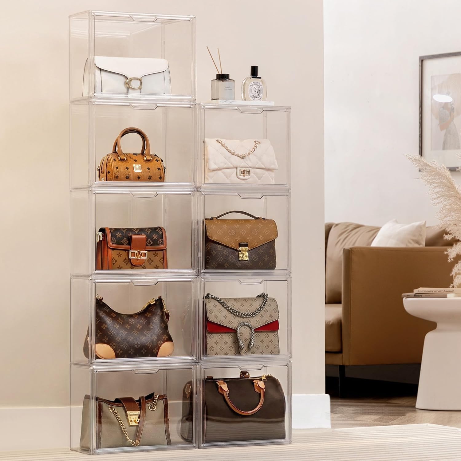HBlife 10 Pack Purse Storage Organizer for Closet, Large Clear Stackable Handbag Display Case Box with Magnetic Door for Collectibles, Cosmetics, Women Heels and Toys