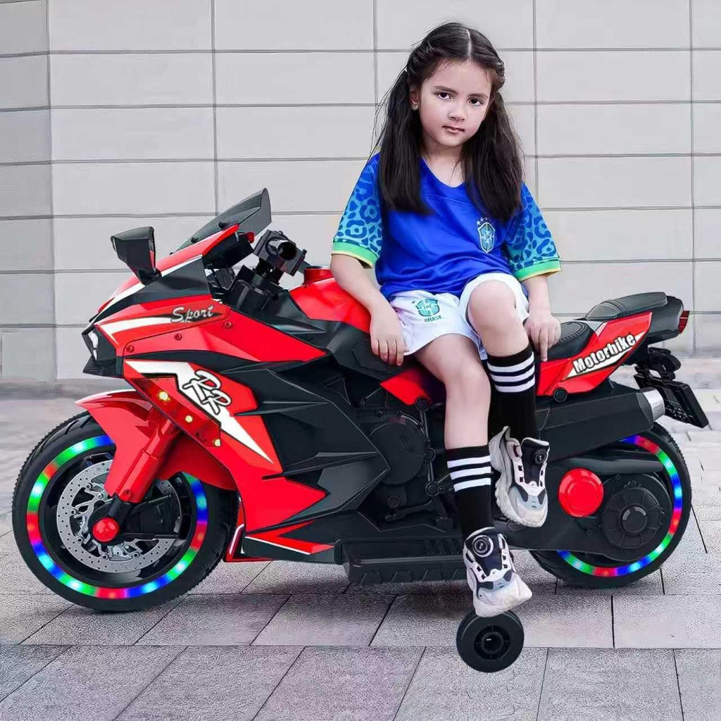WIIS' IDEA Kids Ride On Motorcycle,12V Electric Battery Powered Ride On Bike,3 Wheels Electric Motorcycle for Kids Ages 3-6 Years with Hand Racing,LED Light-Emitting Tyres,PU seat,Toy Gifts,Red