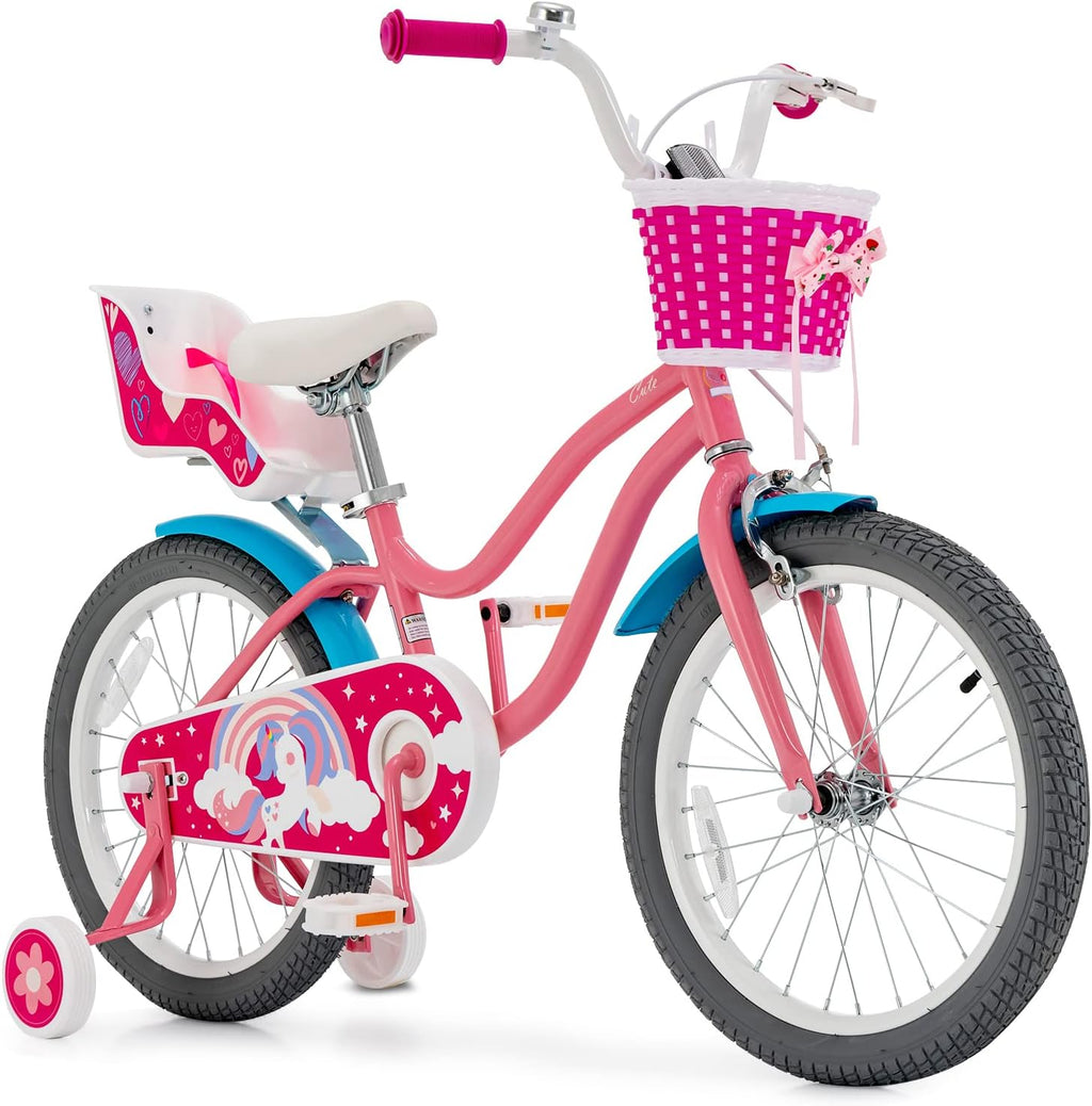 GYMAX Kids Bike, 14/16/18 Inch Kids Bicycle with Removable Training Wheels, Coaster Brake, Handbrake, Basket & Doll Chair, Toddler Girls & Boys Bike for Age 3-9