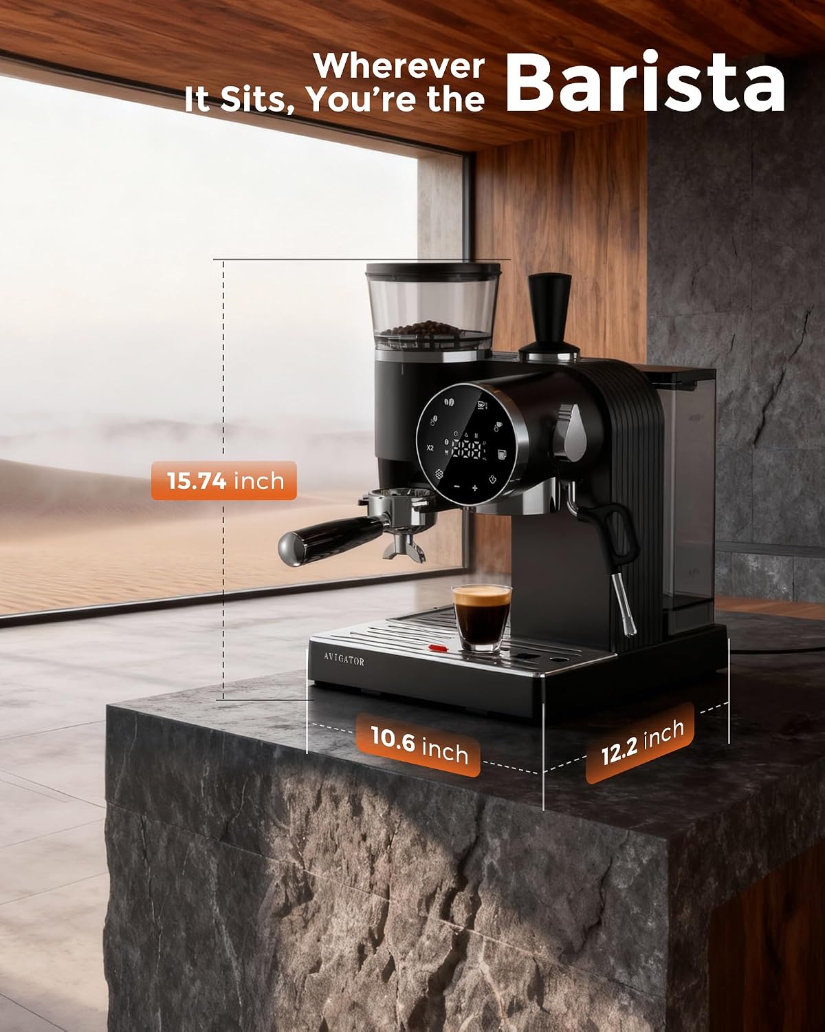 20 Bar Espresso Machine | LED Screen Touch Control | 6 Level Adjustable Grinder | Drip Coffee & Cold Brew, Milk Frother, Assisted Tamper & Built-In Accessory Storage Box | 50oz Tank