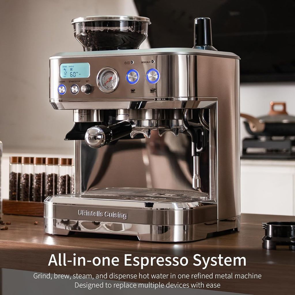 URintells Cuising Espresso Machine with Grinder, All-in-One Coffee Maker with PID Temperature Control & 15 Bar Italian ULKA Pump, Stainless Steel Barista Machine for Home Latte & Cappuccino