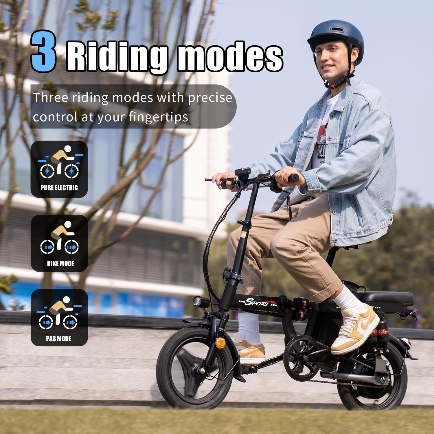 ASKGO Electric Bike for Adults Teens, 800/1200W Peak Folding Ebike, 22/25MPH & 30/45 Miles Range, Dual Suspension & Dual Brake, 3-Speed Modes, 14' Portable Electric Mini Bike, Commuting Ebike