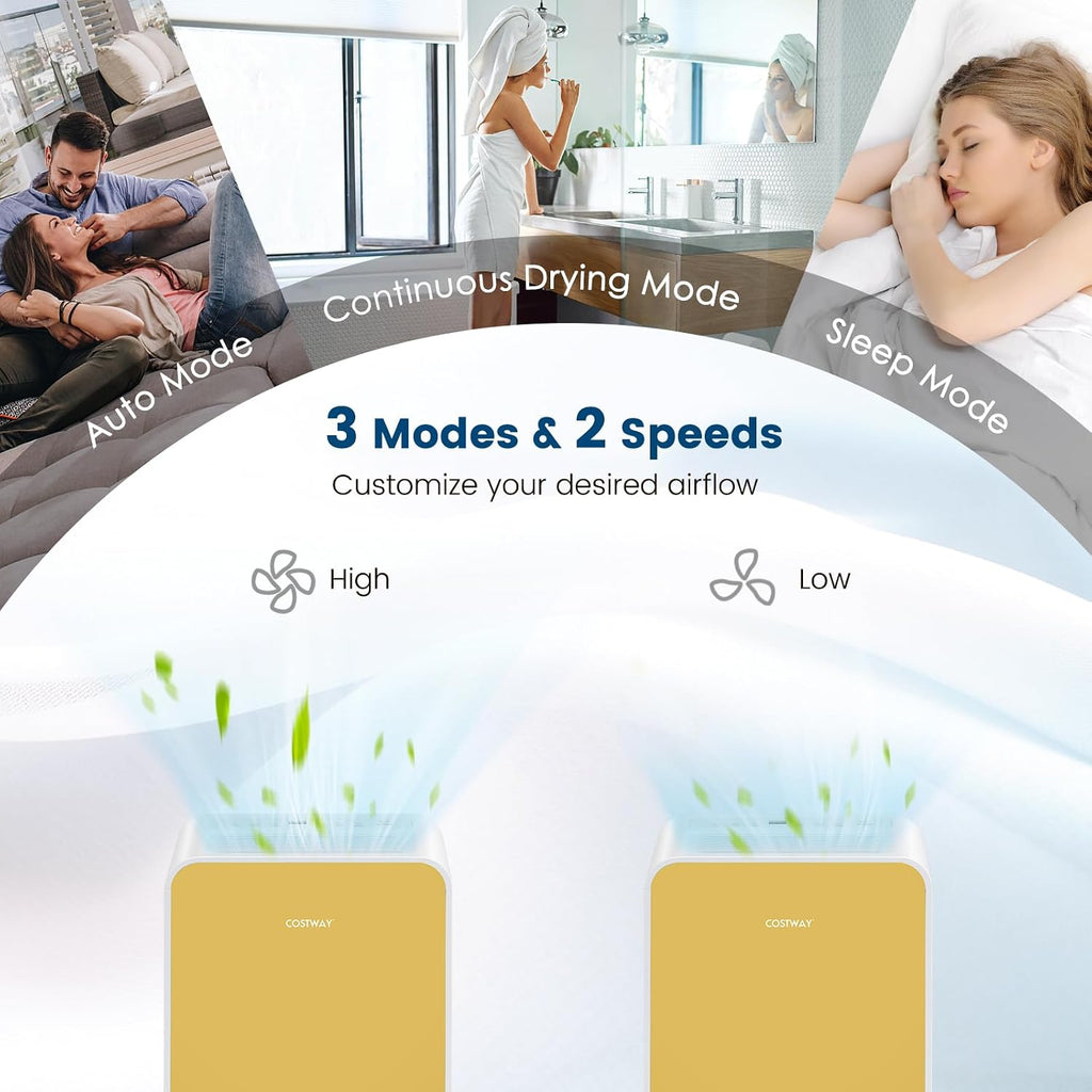 COSTWAY 2500 Sq. Ft Dehumidifier for Basement, 32 Pints Portable Quiet Dehumidifier for Bedroom Bathroom with Sleep Mode, 24H Timer, Auto Shut Off, Auto Defrost & Drain Hose (Yellow)