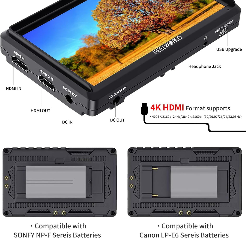 FEELWORLD S55 V3 6 Inch DSLR Camera Field Monitor Bundle - FHD IPS Screen, 4K HDMI in/Out, Tilt Arm, Power Output, Battery & Carry Case Included