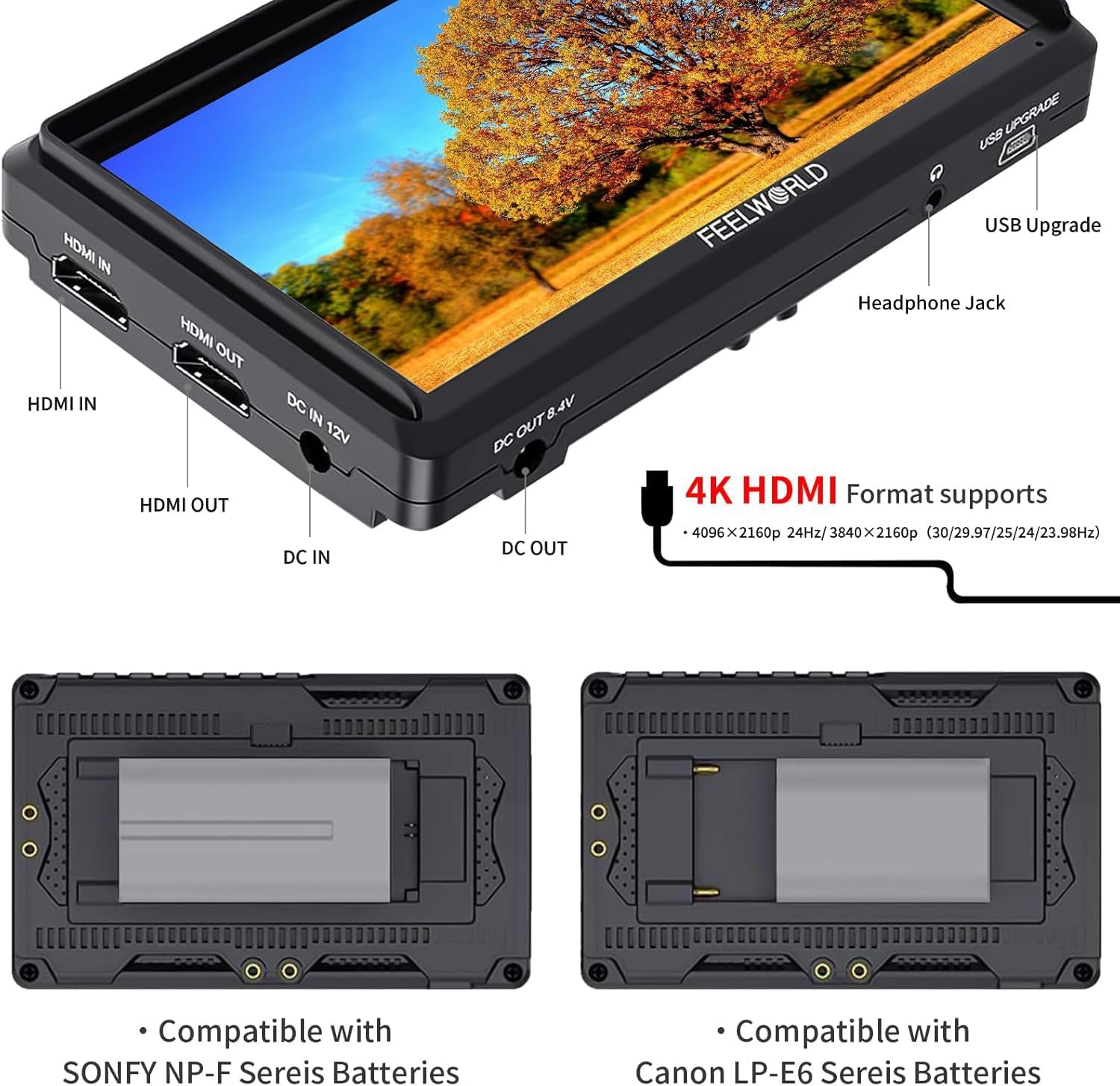 FEELWORLD S55 V3 6 Inch DSLR Camera Field Monitor Bundle - FHD IPS Screen, 4K HDMI in/Out, Tilt Arm, Power Output, Battery & Carry Case Included