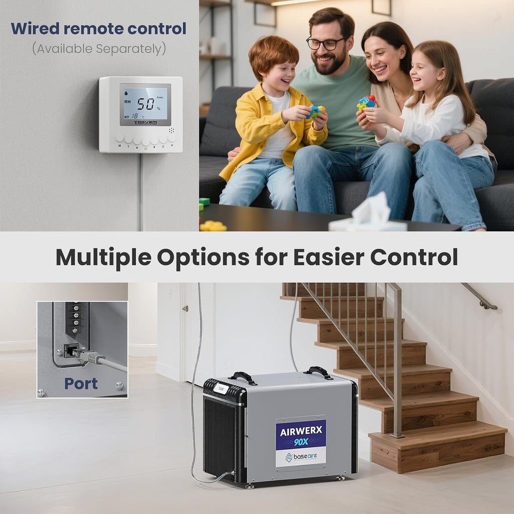 BaseAire 198Pints Dehumidifier with Pump for Crawl Space Basement, 198 Pints Commercial Dehumidifier, Intelligent Humidity Control, Auto Shut off Restart, AirWerx90X
