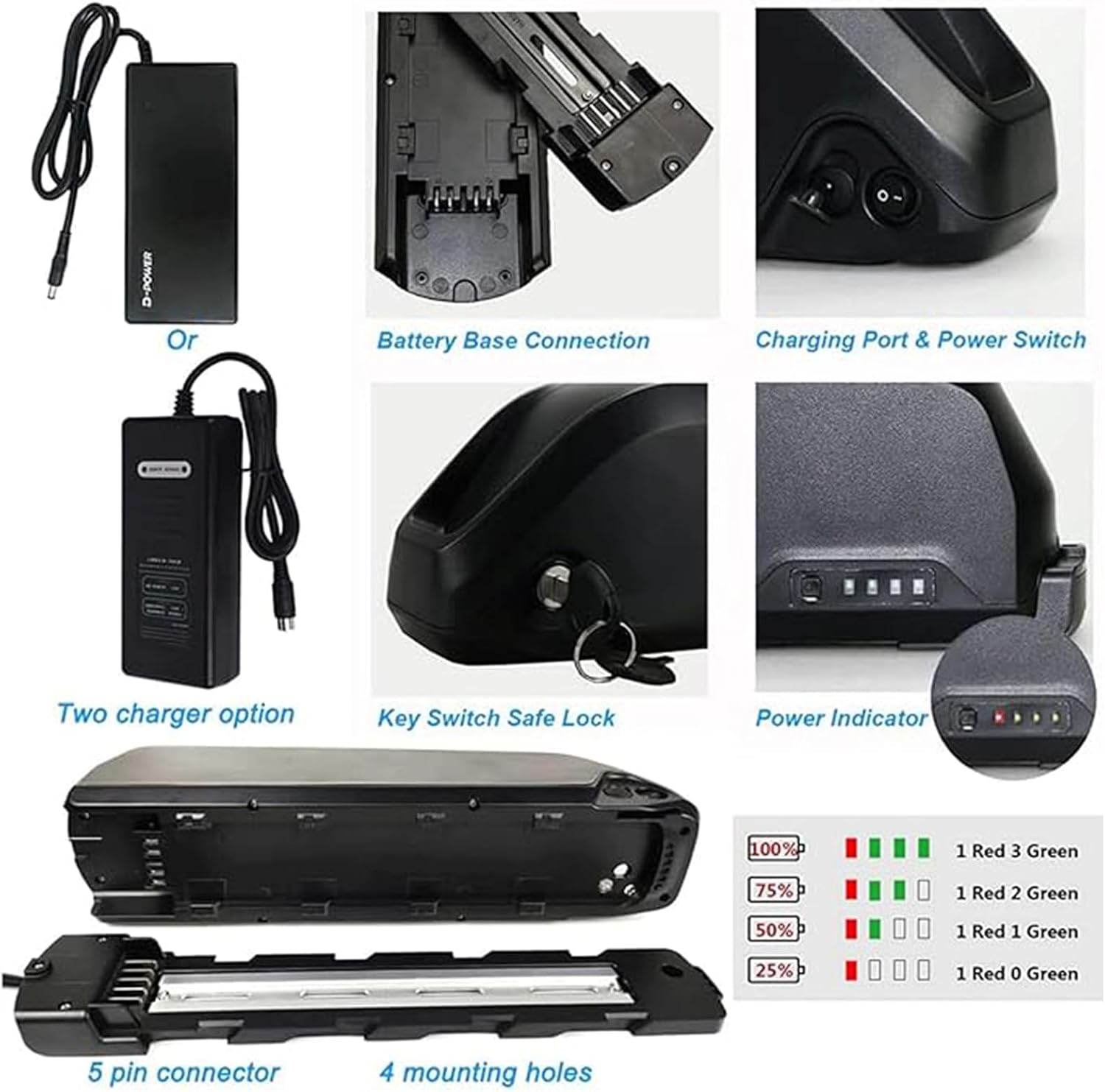 BAFANG Electric Bicycle Battery 48V13AH/20AH, 52V20AH Polly Lithium-ion Battery, with Charger and Keys,for 500W 750W 1000W 1500W Motors and Conversion Kits