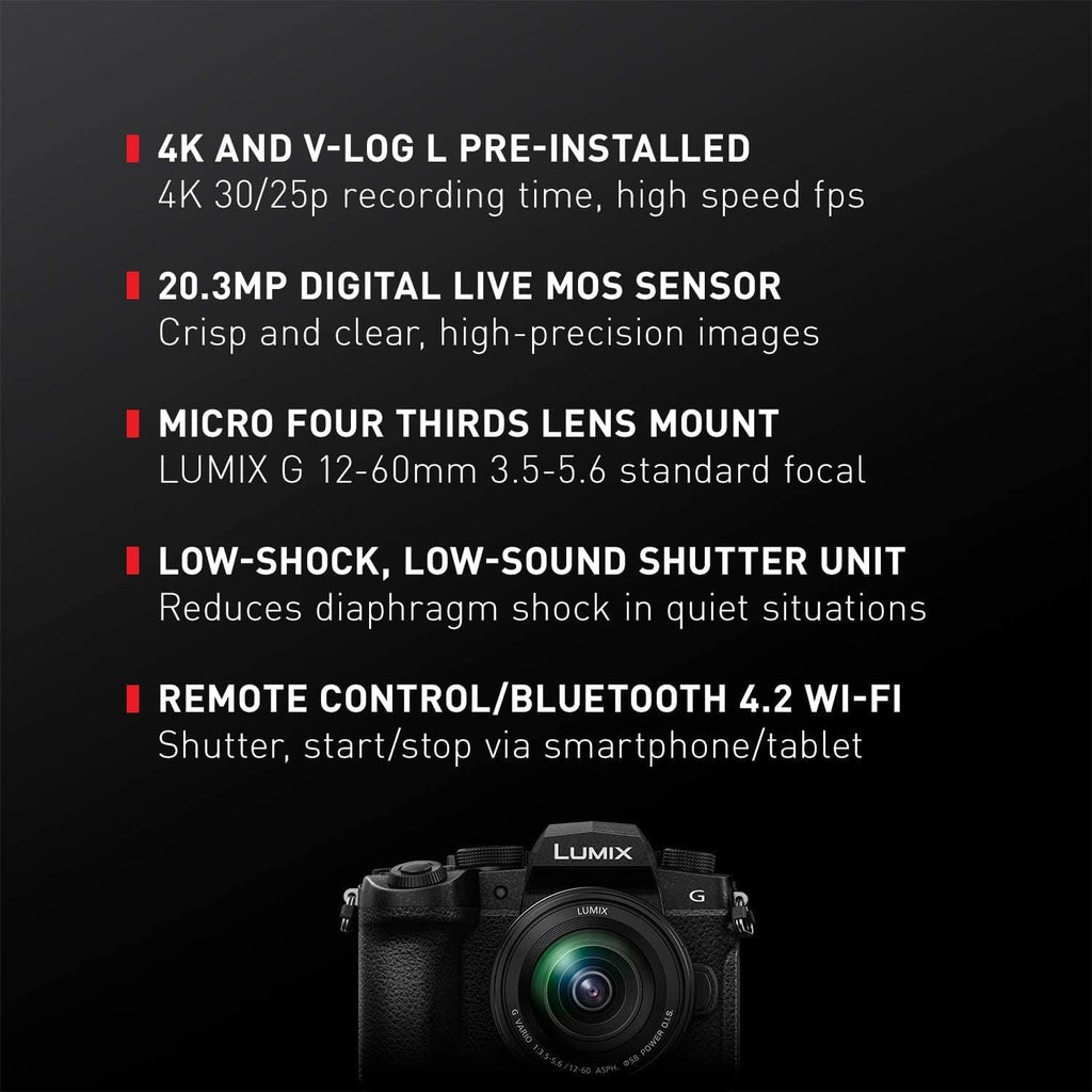Panasonic LUMIX G95D 20.3 Megapixel Mirrorless Camera, 12-60mm F3.5-5.6 Micro Four Thirds Lens, 5-Axis Dual I.S. 2, 4K 24p 30p Video, Pre-Installed V-Log L, 3' OLED Touchscreen - DC-G95DMK(Black)